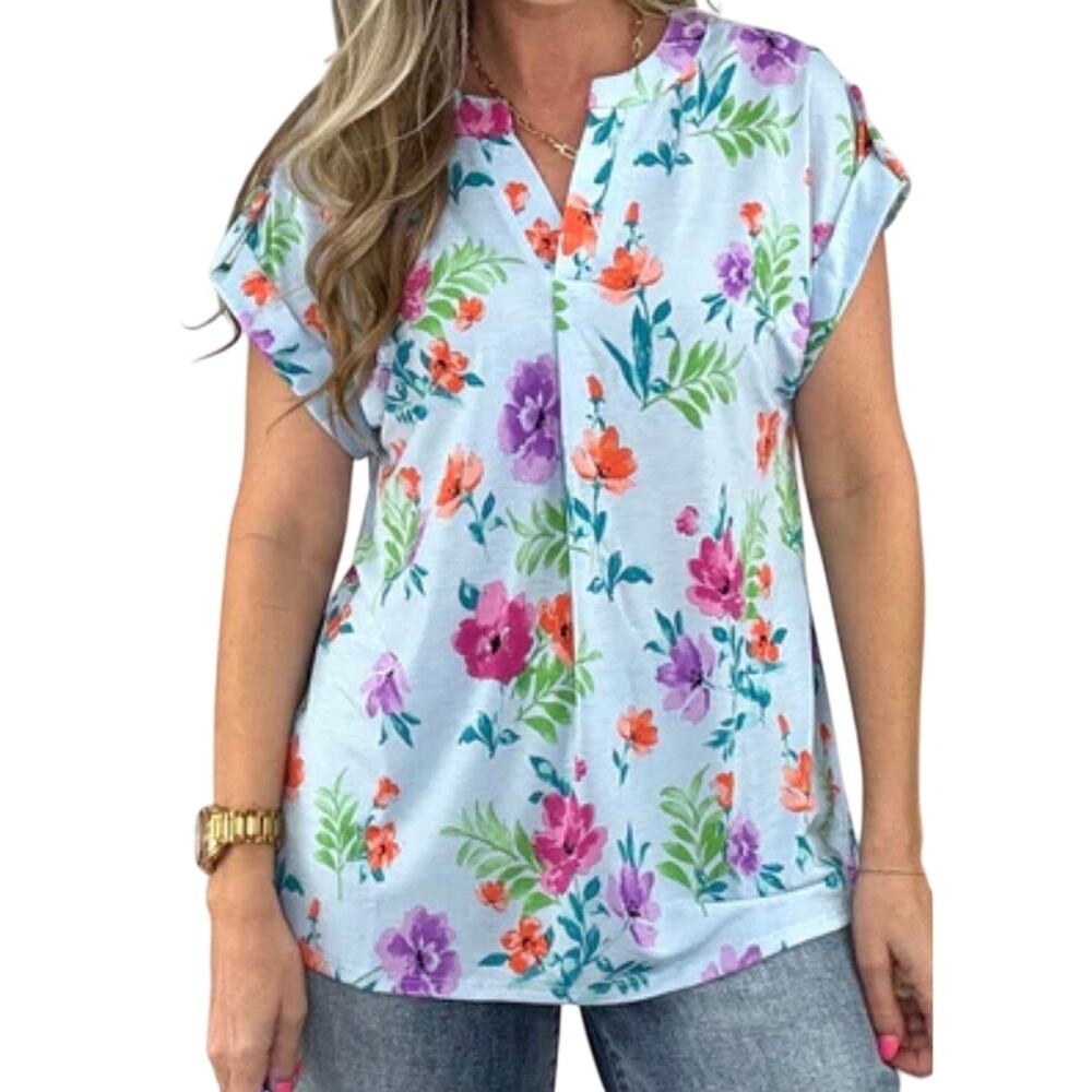 Dear Scarlett Blue Sunshine Floral Lizzy Short Sleeve Blouse 2X NWT